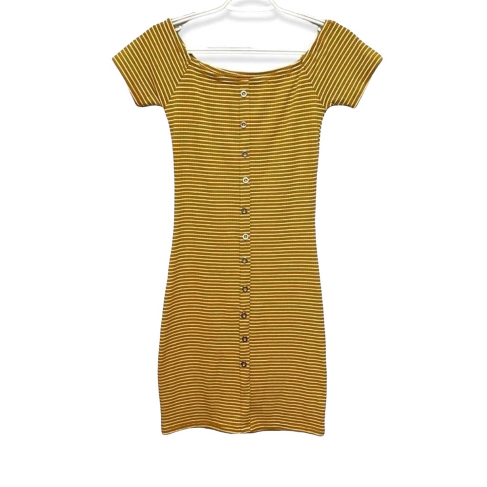 Yellow Fitted Striped Dress Button Detail Women’s Small NWT